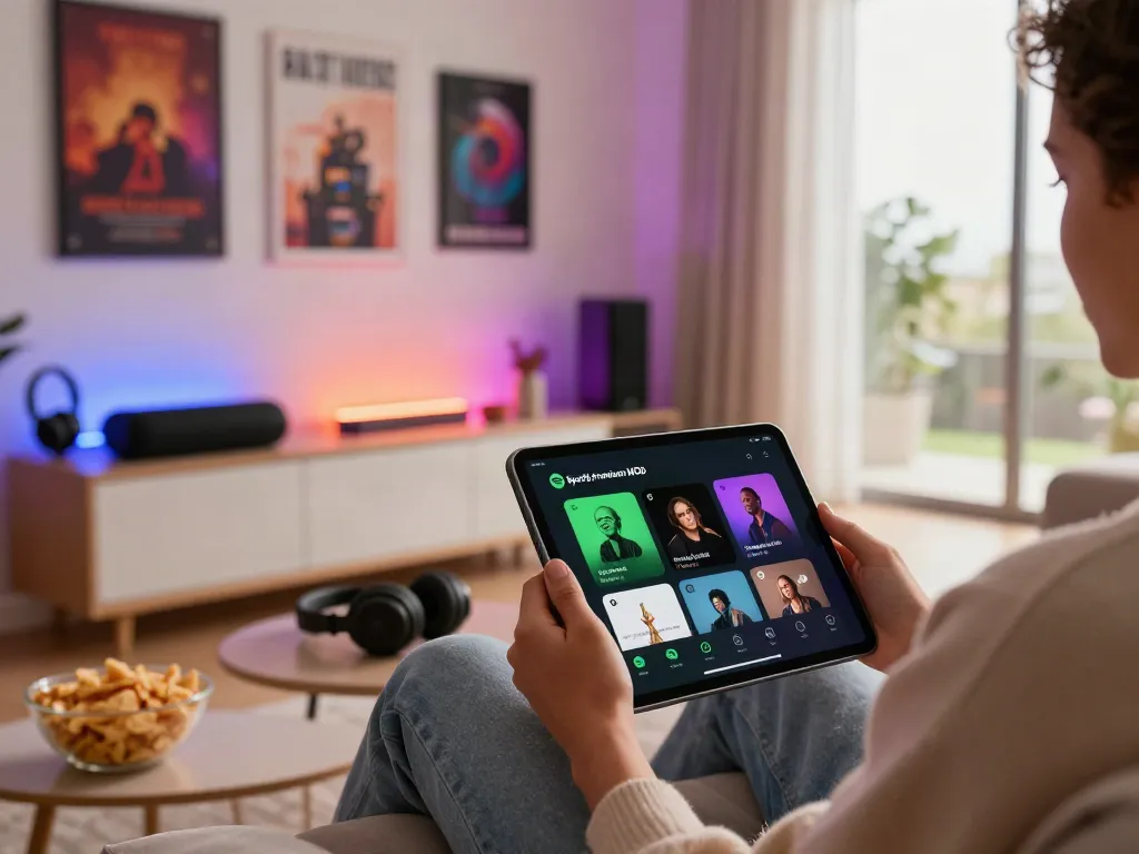 Engaging scene with person using a spotify crack download on tablet in a cozy living room, surrounded by modern tech.
