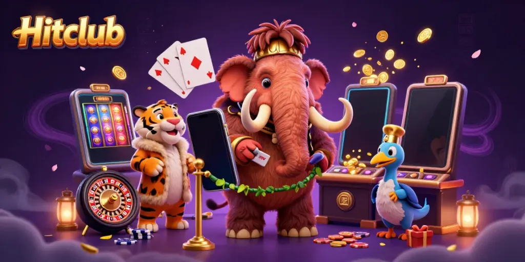 Hitclub scene with a woolly mammoth bouncer, saber-toothed tiger VIP, and dodo bird doorman amid casino excitement.