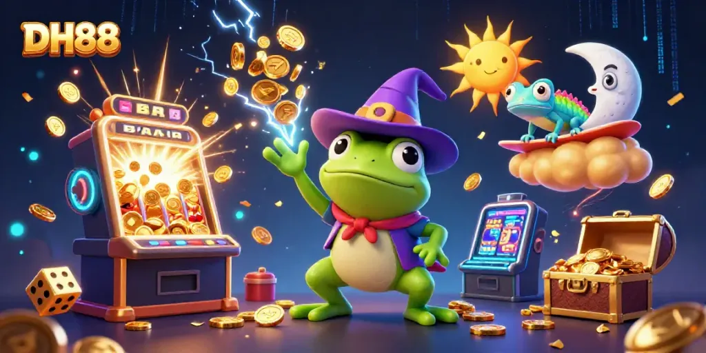 Experience the thrill of DH88 casino gaming with a vibrant illustration of a storm of golden coins and exciting game elements.