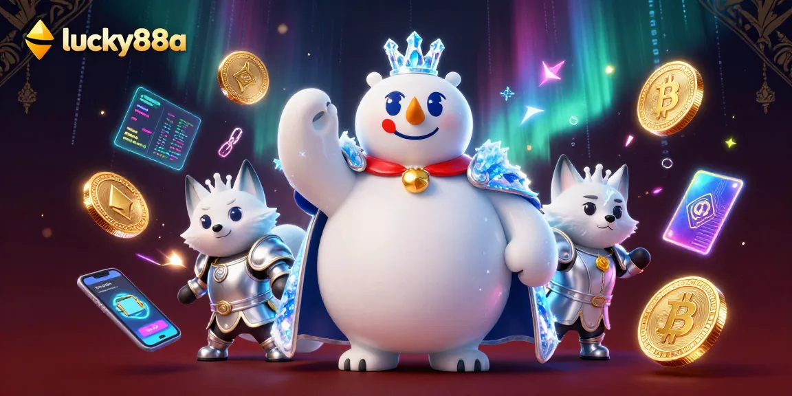 Spin the reels with lucky88a featuring a 3D ice king and snow fox amid vibrant casino elements.