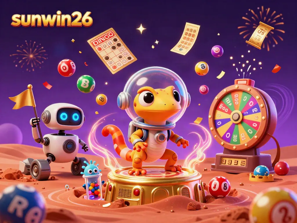 Engage with sunwin26's vibrant casino adventure featuring a Martian gecko discovering a golden casino.