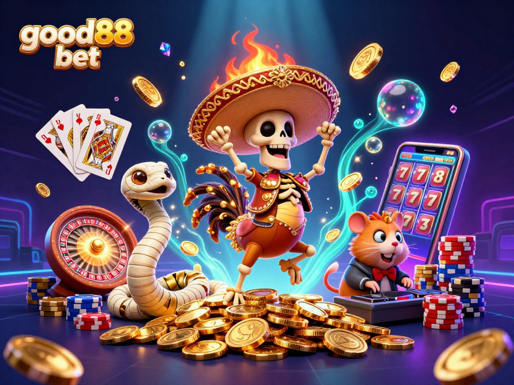 Celebrate the thrill of good88 bet with a vibrant 3D illustration featuring a mariachi rooster and friends.