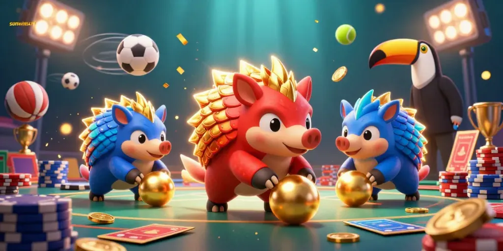 Experience thrilling gameplay with sunwinor as pangolins roll golden balls among poker chips in an exciting casino scene.