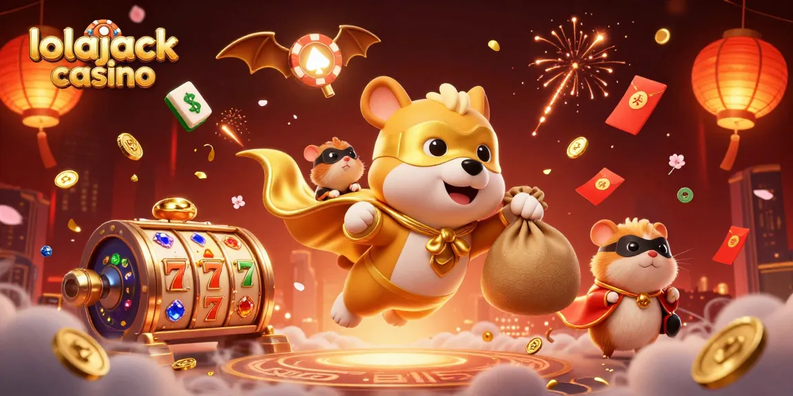 A playful scene with a cartoon superhero dog and hamster promoting Lolajack Casino with vibrant game elements surrounding them.