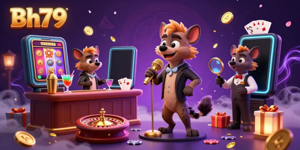 Experience Bh79's lively casino atmosphere with hyenas in dynamic roles amidst vibrant gaming elements.