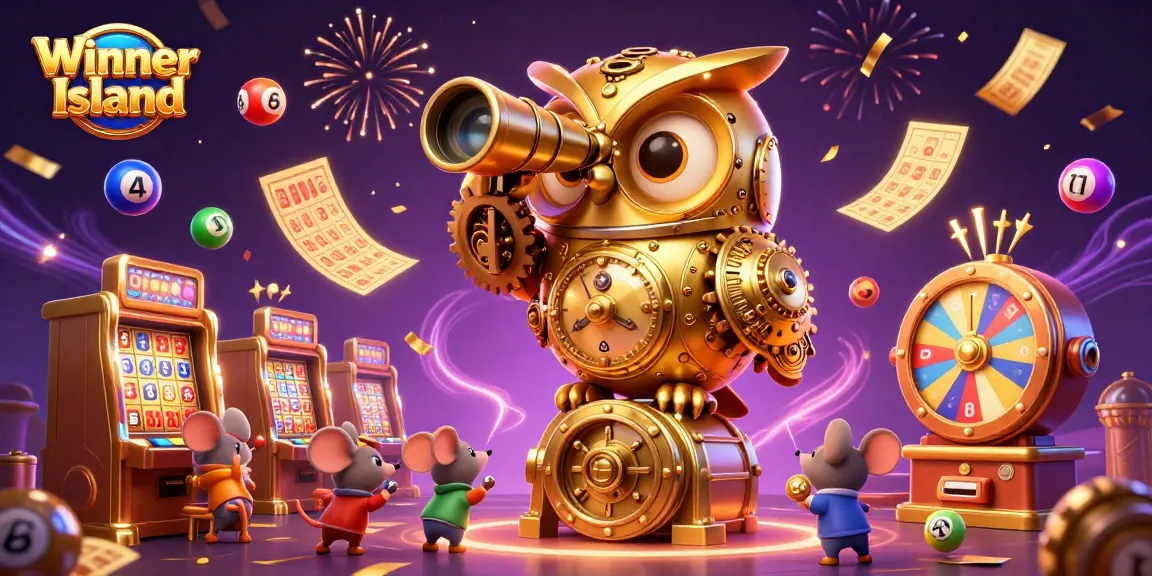 Win big at Winner Island Casino with vibrant 3D illustration showcasing a golden owl and lively game elements.