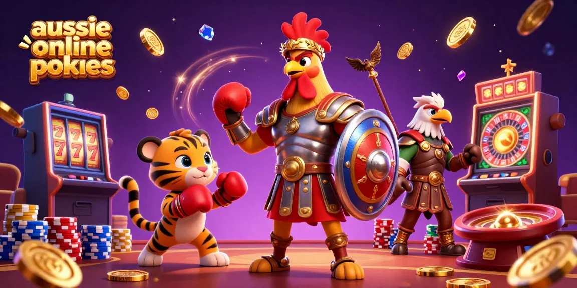 Aussie online pokies take center stage in this vibrant 3D illustration with a gladiator rooster and casino elements.